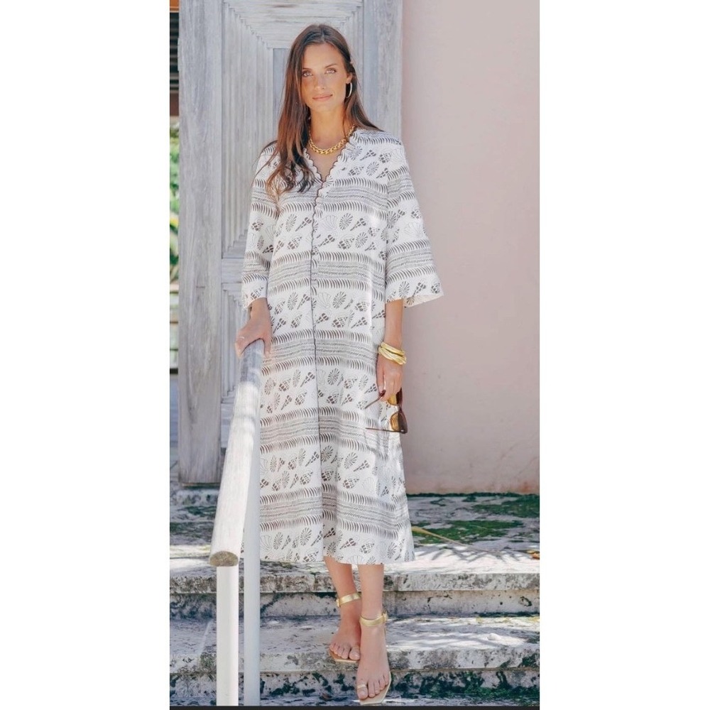 Tuckernuck Coquilles Cote D'azur Caftan Brown Seashell Print Scallop Midi Dress